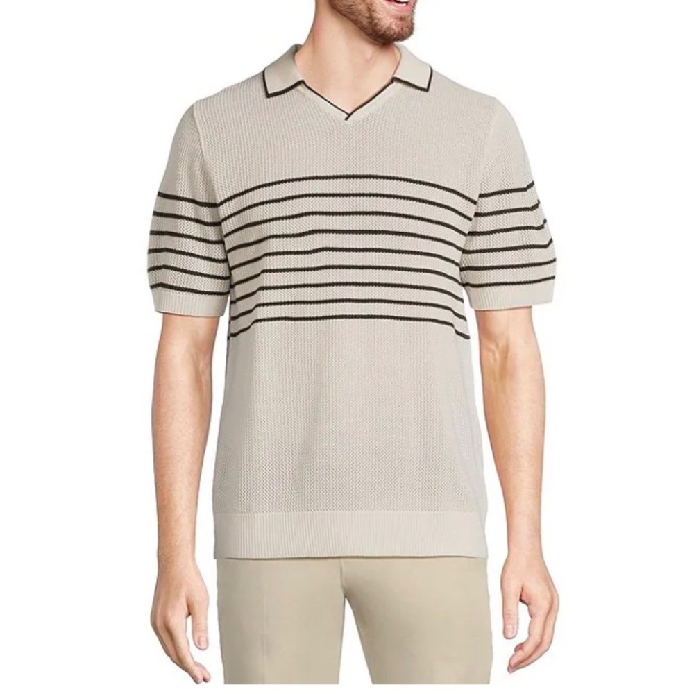 Murano by Dillards Striped Johnny Collar Short Sleeve Knit Sweater Polo Shirt, L